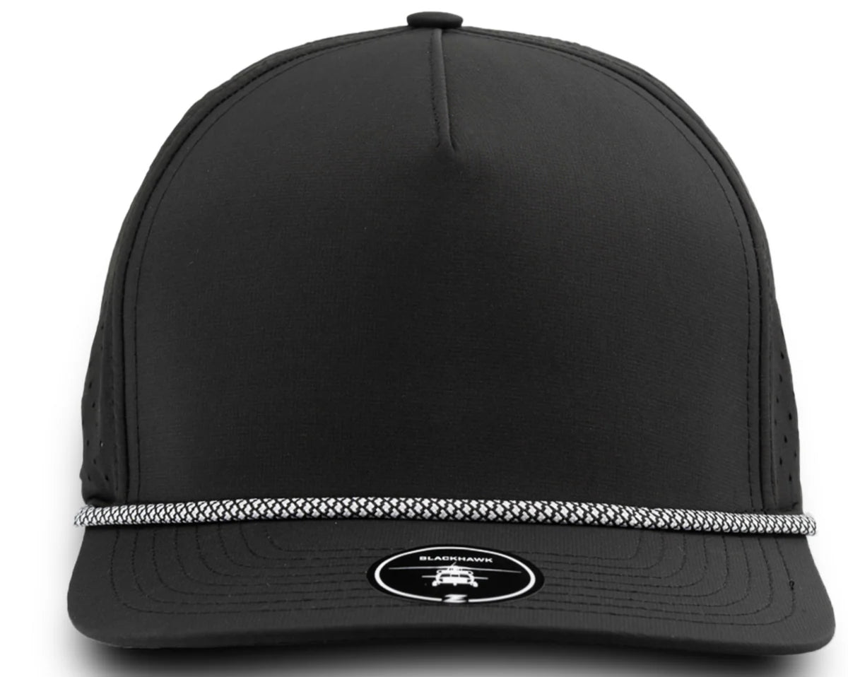 ZAPPED HEADWEAR - 5 Panel Medium Profile Snapback - BLACKHAWK R+ (With Rope)